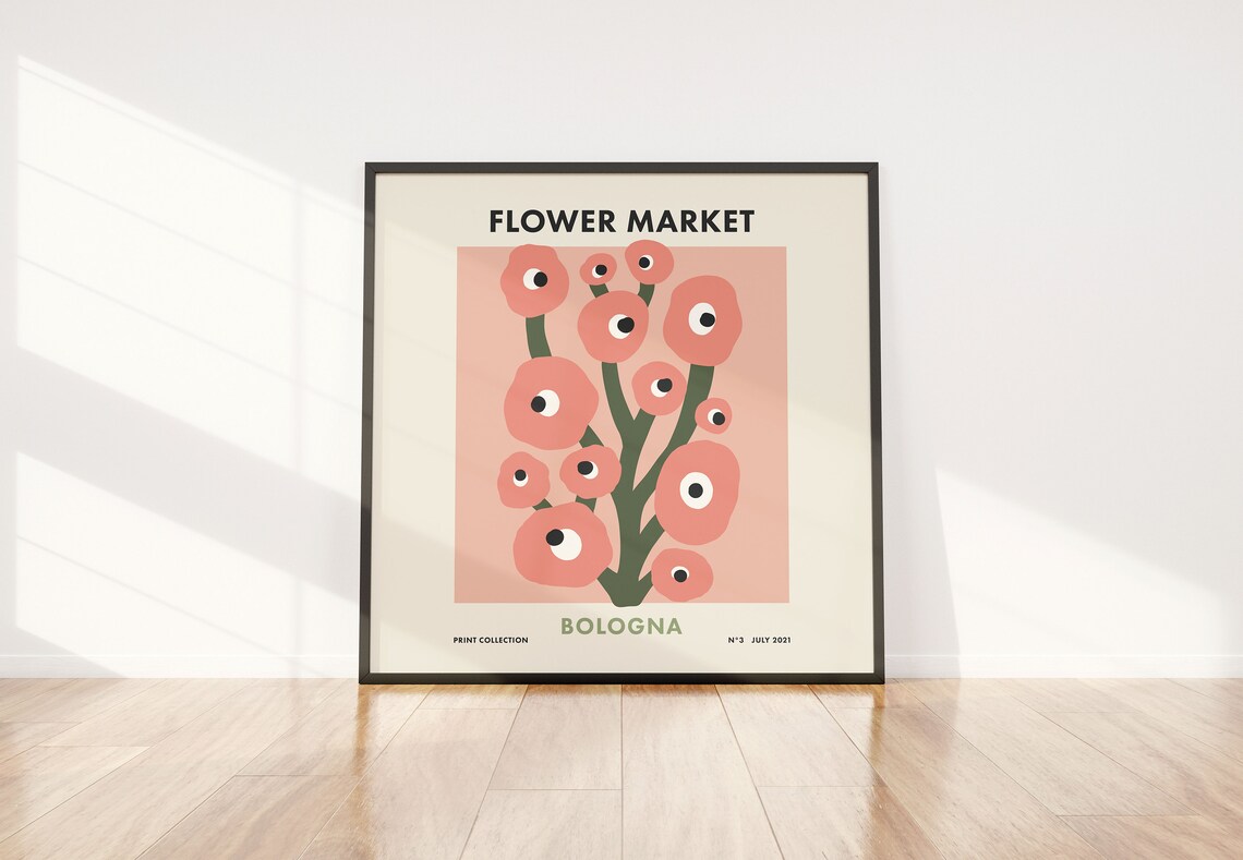 Flower Market Bologna Coral Pink Floral Retro Square Art Poster - Image 2