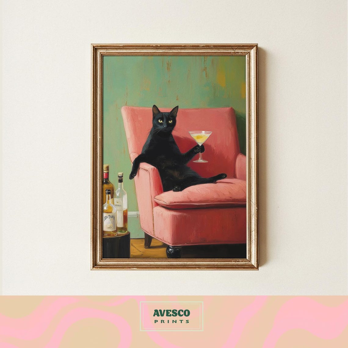 Black Cat Art Print, Whimsical Cocktail Lover Decor