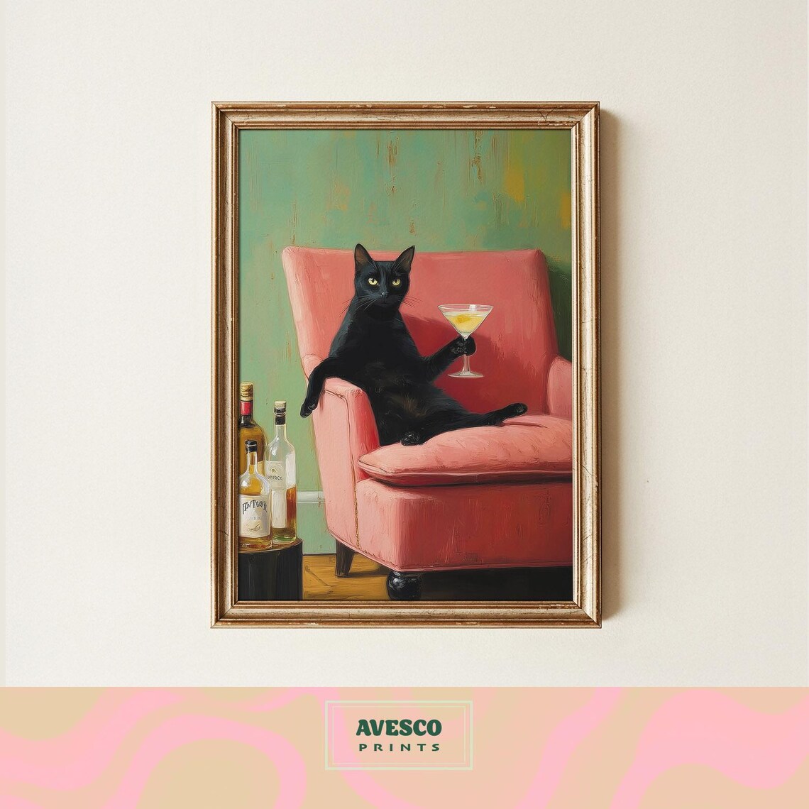 Black Cat Whimsical Cocktail Poster Print