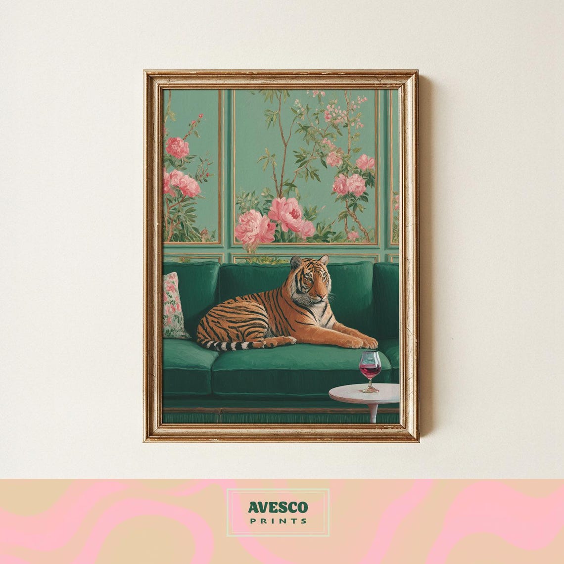 Tiger Lounging On A Green Velvet Sofa With A Glass Of Wine Poster