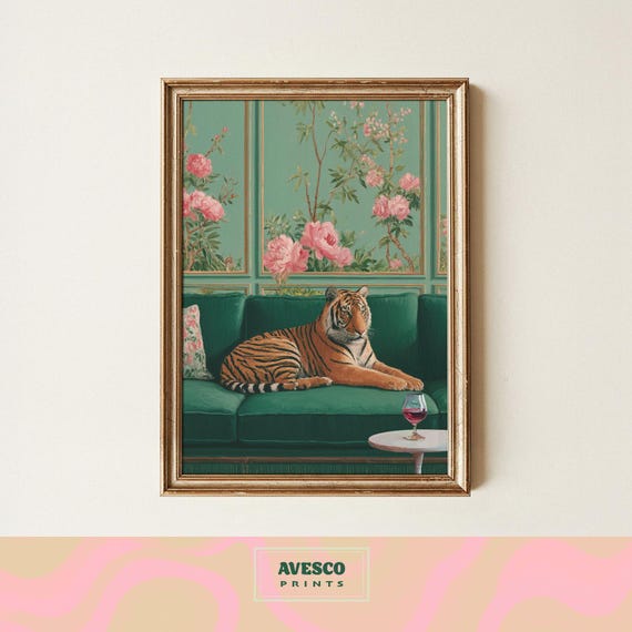 Tiger On Green Couch Art Print Quirky Wall Decor Trendy Poster