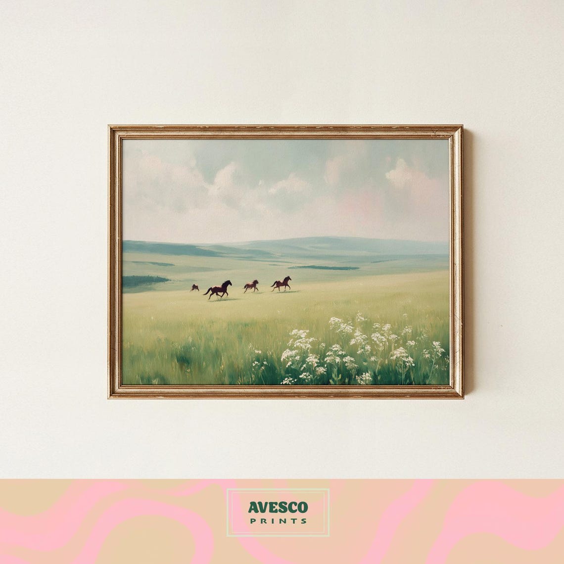 Wild Horses Running Prairie Poster Vintage Rustic Horse Painting