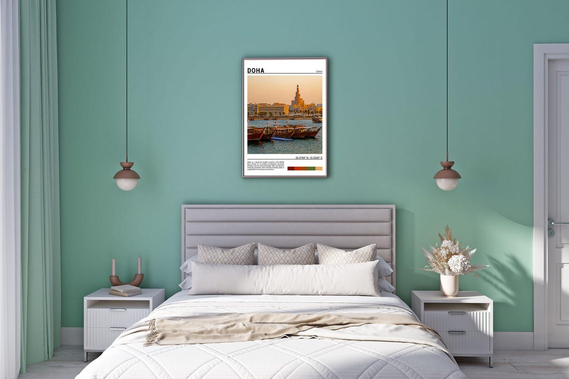 Doha Qatar Traditional Dhow Boats Spiral Minaret Sunset Poster - Image 5