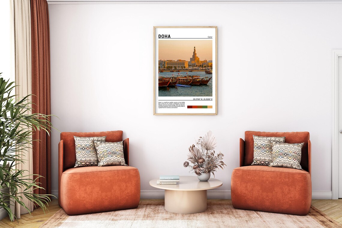 Doha Qatar Traditional Dhow Boats Spiral Minaret Sunset Poster - Image 7
