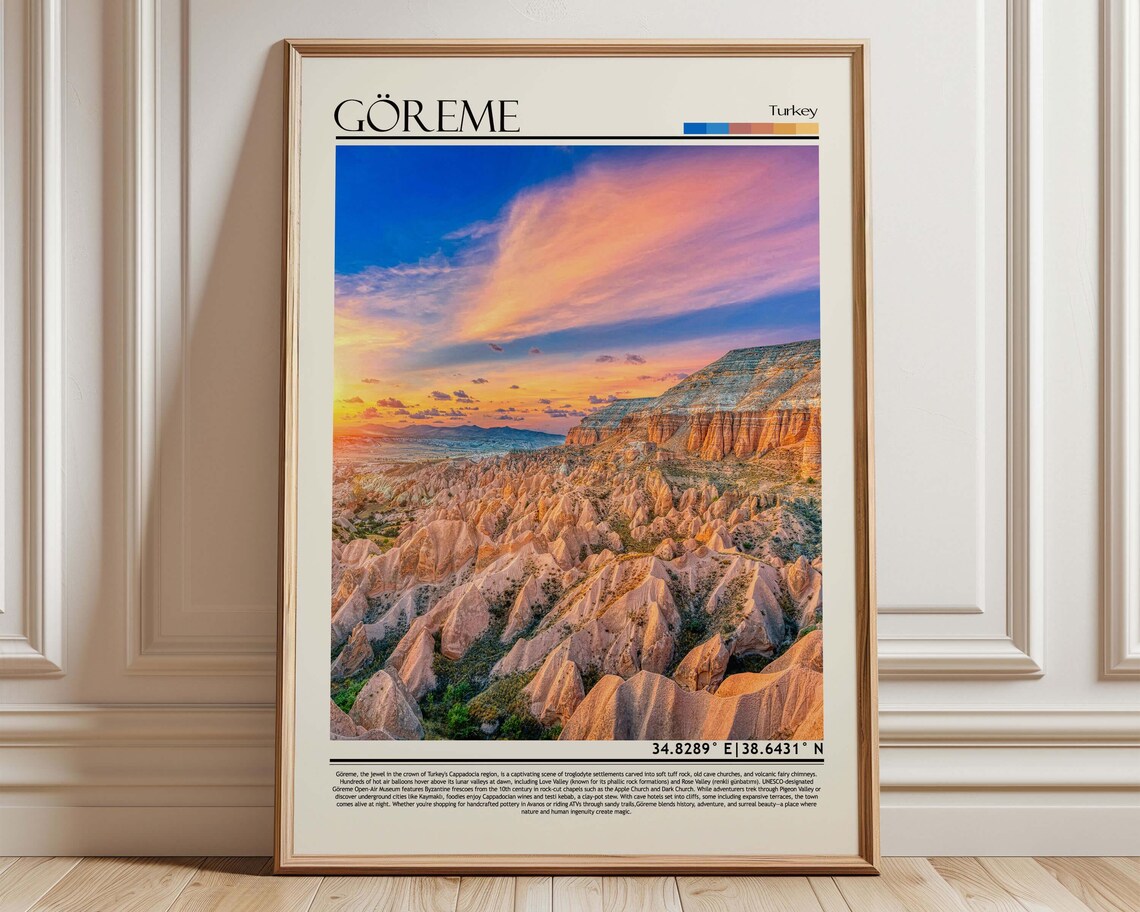 Goreme Turkey Cappadocia Fairy Chimneys Sunset Panorama Vintage Travel Poster