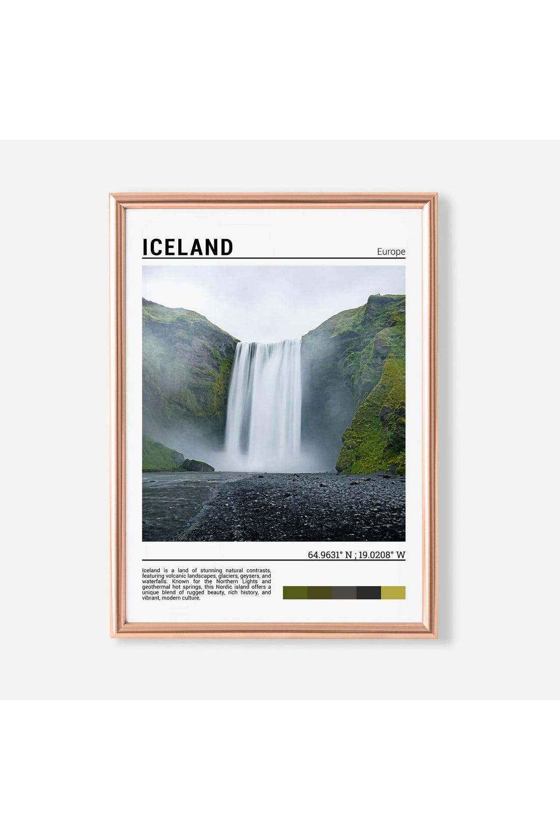 Iceland Skogafoss Waterfall Misty Green Cliffs Nature Poster