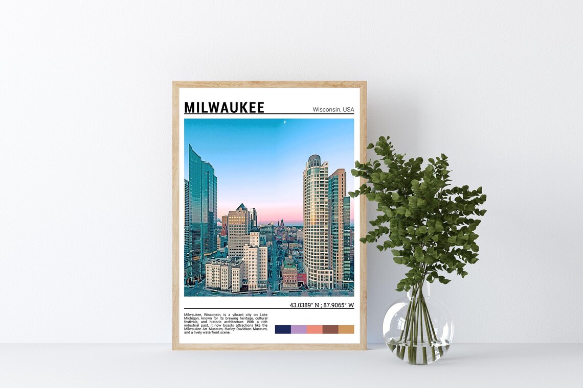 Milwaukee Wisconsin Downtown Glass Towers Dusk Skyline Travel Poster - Image 4