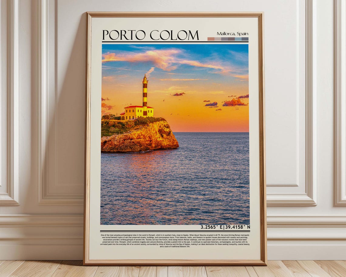 Porto Colom Mallorca Lighthouse Sunset Travel Poster Spain Art