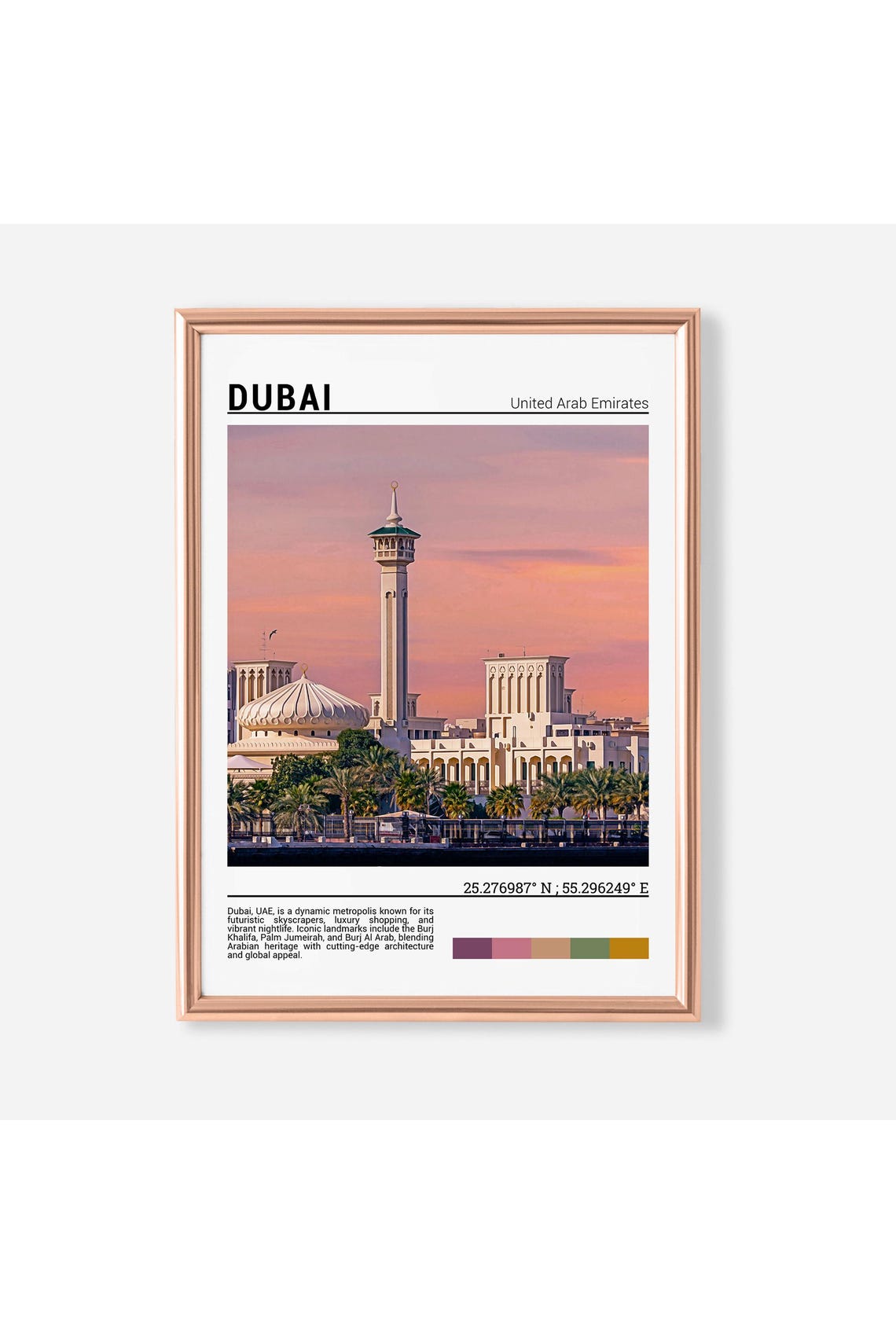 Dubai UAE Grand Mosque Tall Minaret Pink Sunset Waterfront Poster
