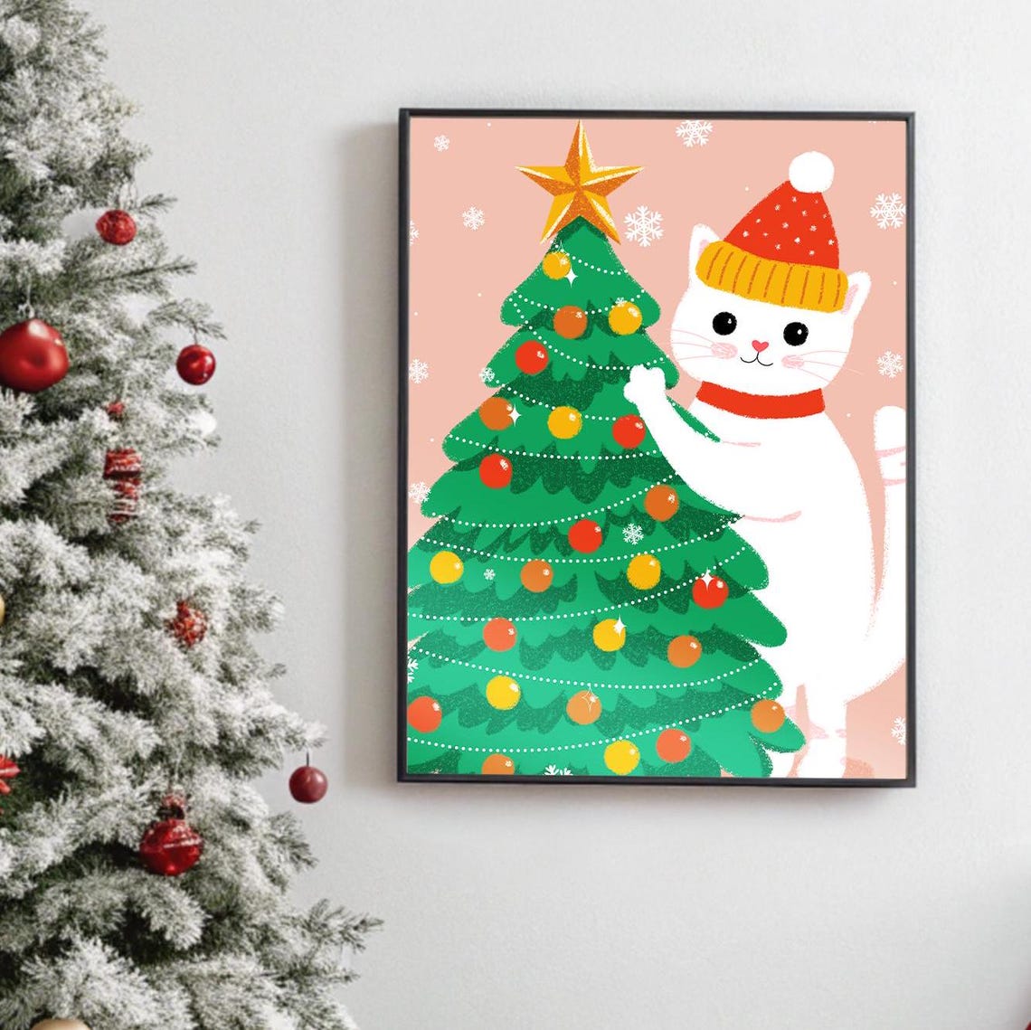 Cute White Cat in Santa Hat Decorating Christmas Tree Poster