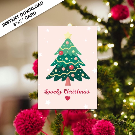 Lovely Christmas Cute Pink Minimalist Decorated Tree Card Poster