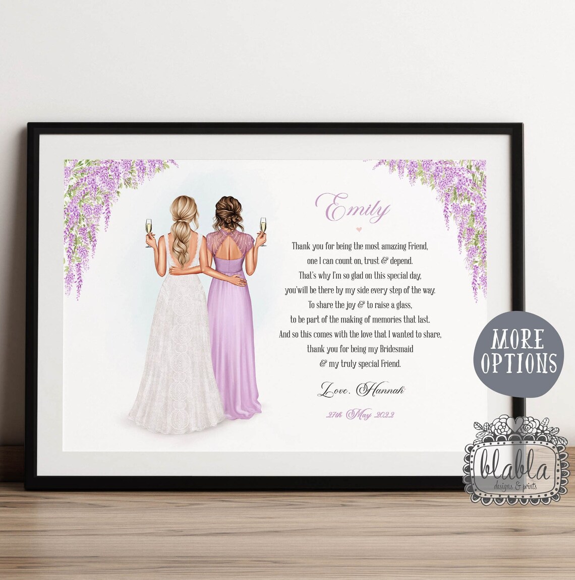 Personalised Bridesmaid Thank You Poem Wisteria Floral Portrait Poster