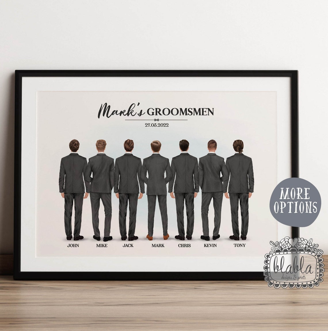 Personalised Groomsmen Poster Seven Men in Grey Suits Wedding Party
