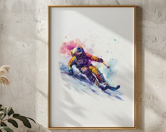 Astronaut Skiing In Bold Yellow Purple Watercolor Brushwork Print