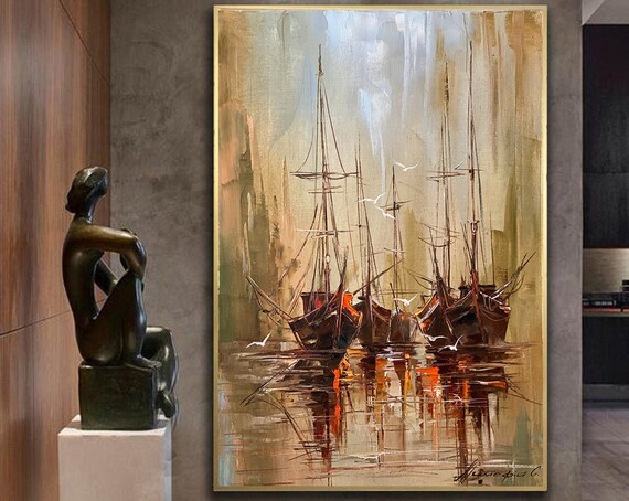 Abstract Seascape Paintings On Original Sailboat Artwork Hand Painted Art Large Boat Oil Painting Nautical Room Decor Sailing Art