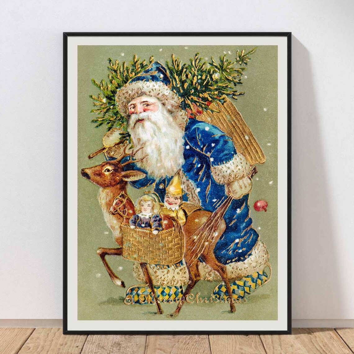 Victorian Santa Claus Blue Coat Reindeer Vintage Christmas Art Poster