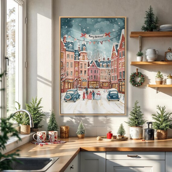 Merry Christmas Winter Street Scene With Snowman Watercolor Poster