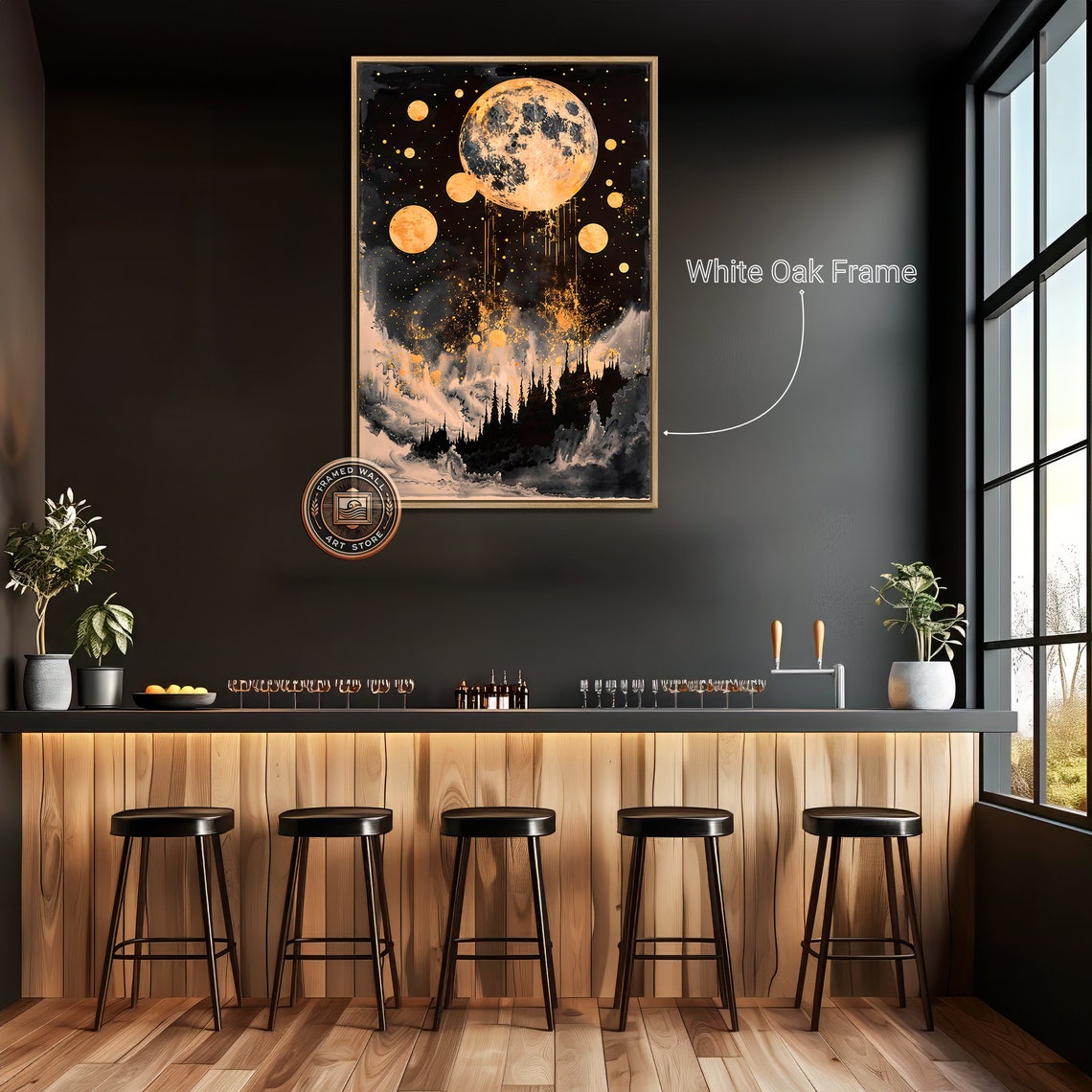 Golden Dripping Moons Over Dark Forest Silhouette Night Poster - Image 2