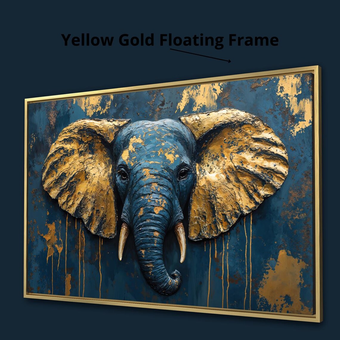 Navy Blue Elephant Head Textured Gold Leaf Ears Abstract Wildlife Portrait Poster - Image 3