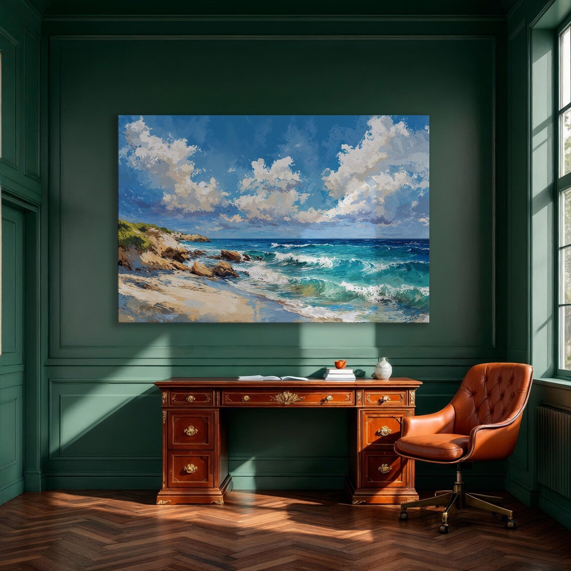 Turquoise Waves Crashing on a Sunny Beach Coastal Painting Poster