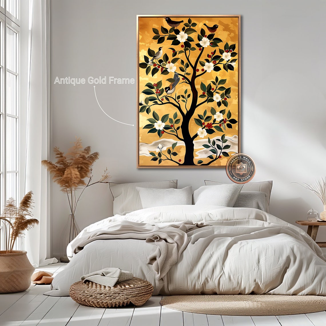 White Blossom Tree With Perched Birds On Gold Botanical Print - Image 2