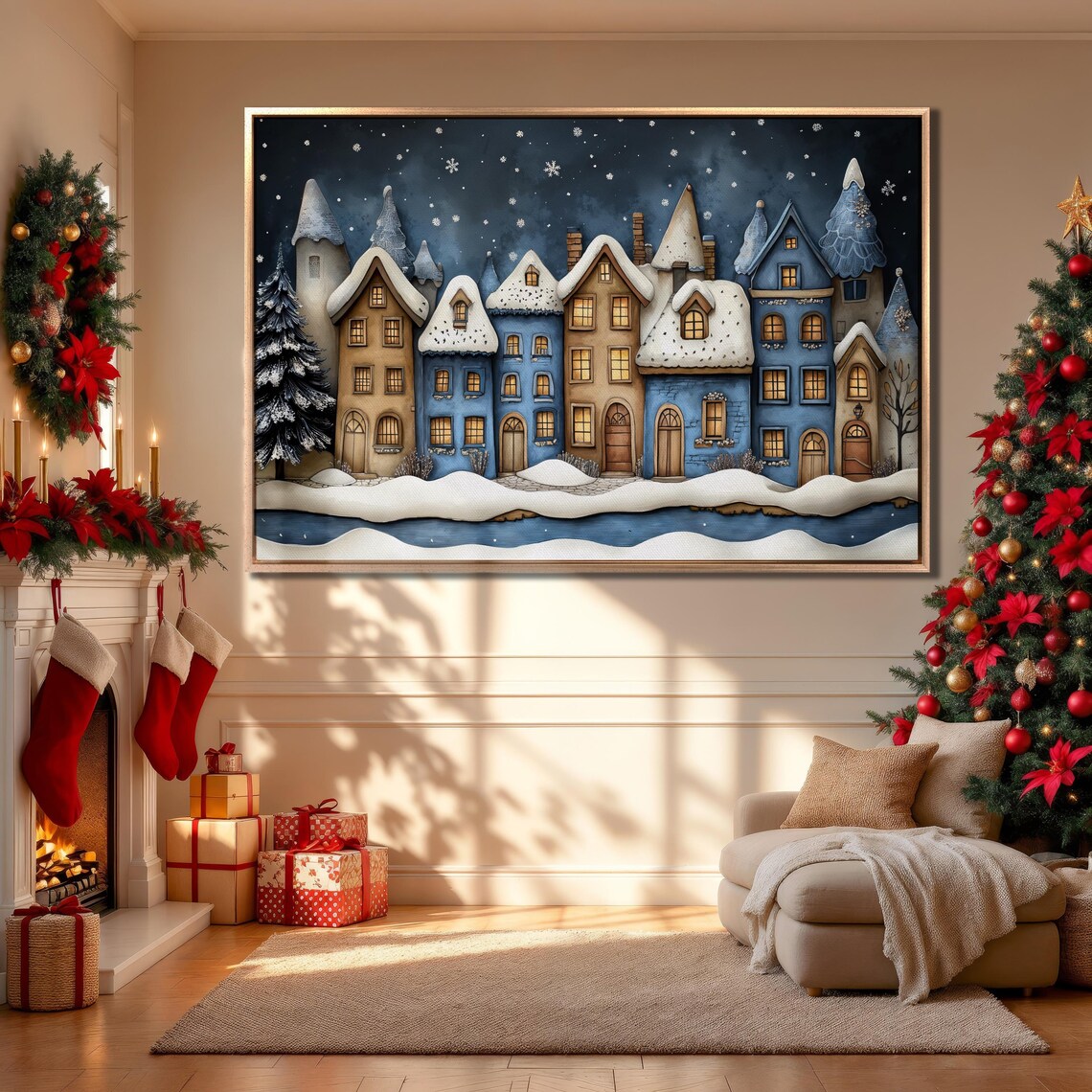 Christmas Town Framed Wall Art Festive Street Painting Print Blue Beige Snowy Houses Poster Winter Holiday Decor Gift Ready To Hang - Image 4