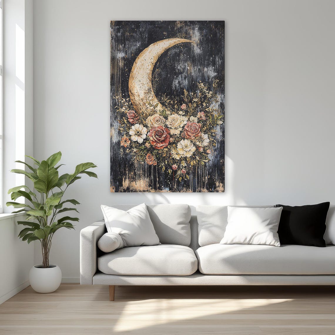 Crescent Moon with Roses Vintage Floral Celestial Art Poster