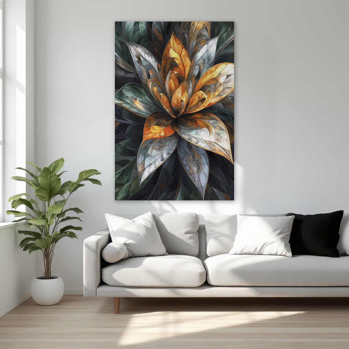Golden Floral Burst With Teal and Silver Leaves Botanical Poster