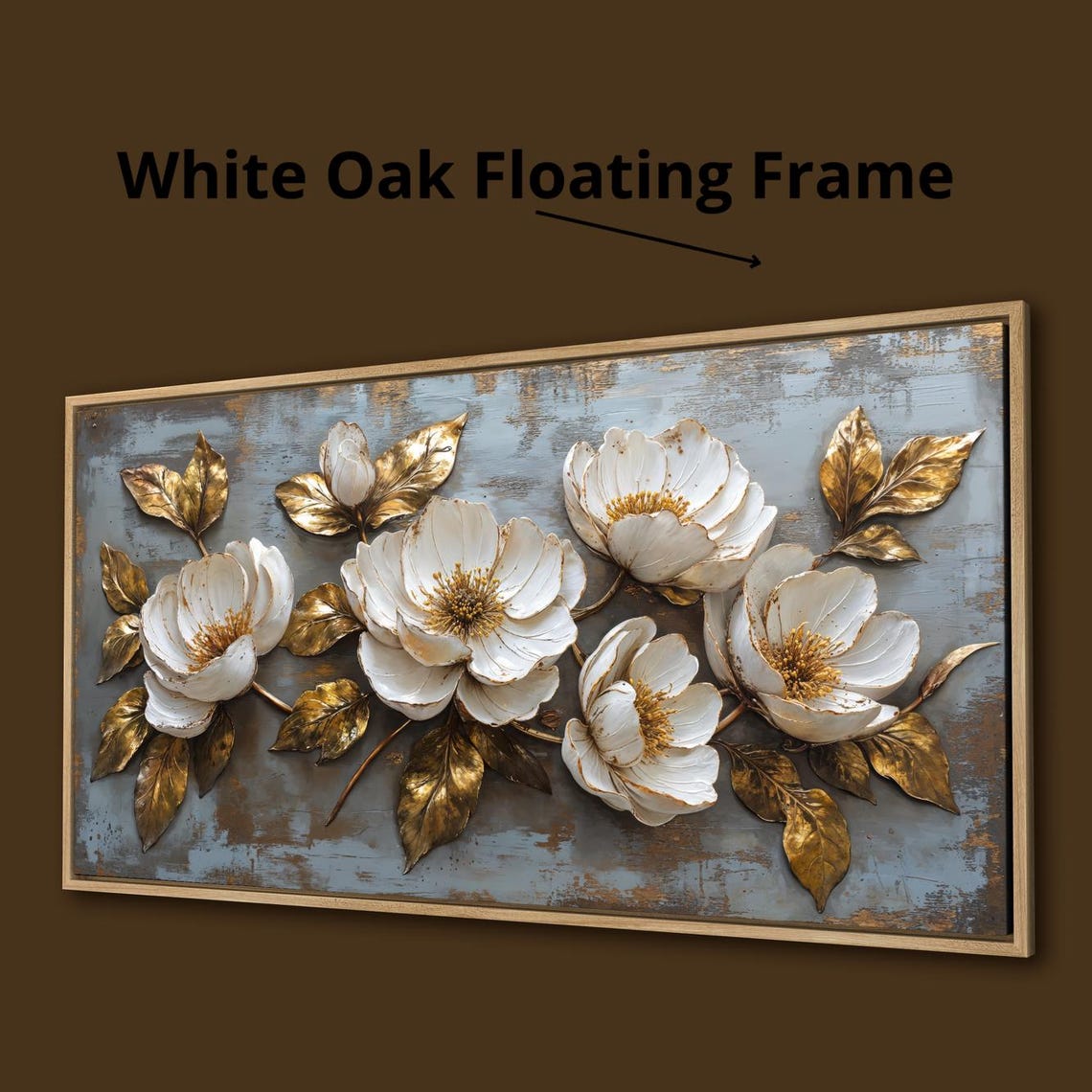 White Flowers With Gold Leaves Textured Relief Botanical Poster - Image 4