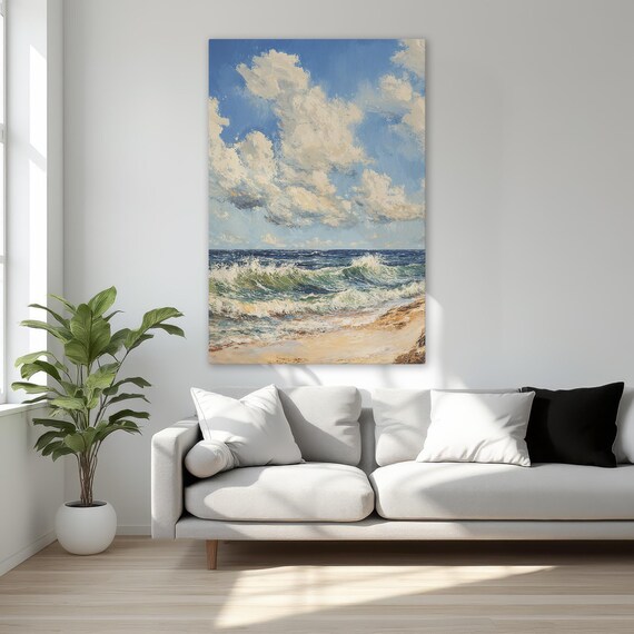 Dramatic Clouds over Rolling Ocean Waves Coastal Scene Poster