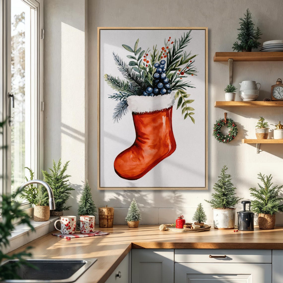 Red Christmas Stocking With Berries Watercolor Holiday Poster