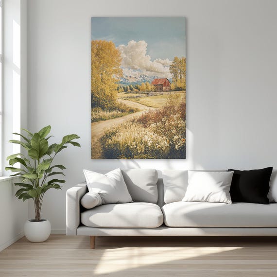 Country Road Scenic Beauty Framed Canvas Print Vibrant Countryside With Barn Wall Art Mountain Landscape Decor Ready To Hang