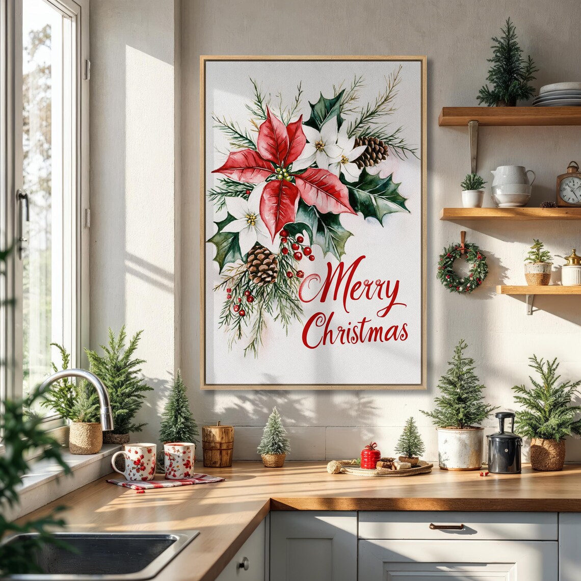 Merry Christmas Watercolor Poinsettia Holly Berries Floral Poster
