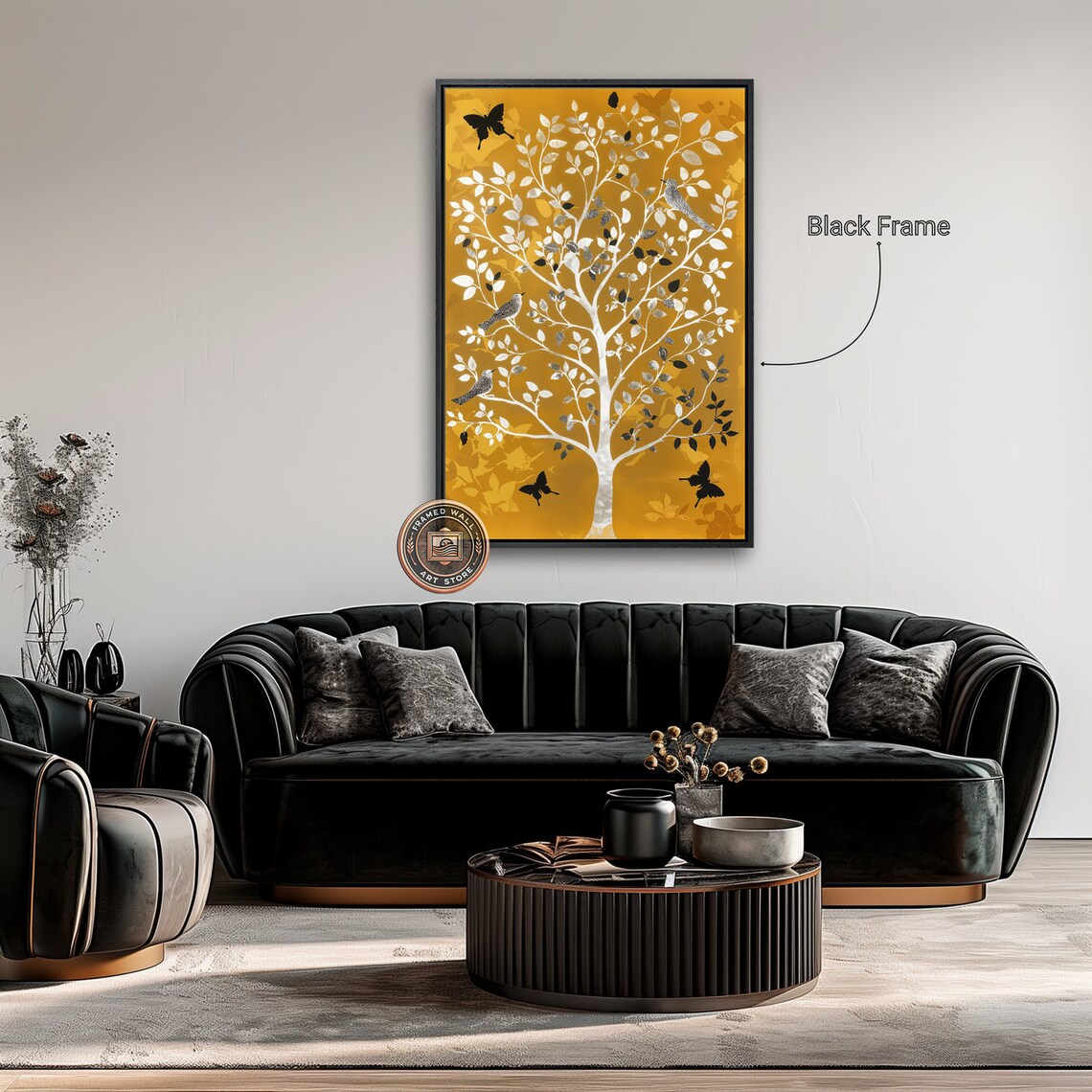 White Tree Black Butterflies Birds Golden Background Nature Art Poster - Image 5