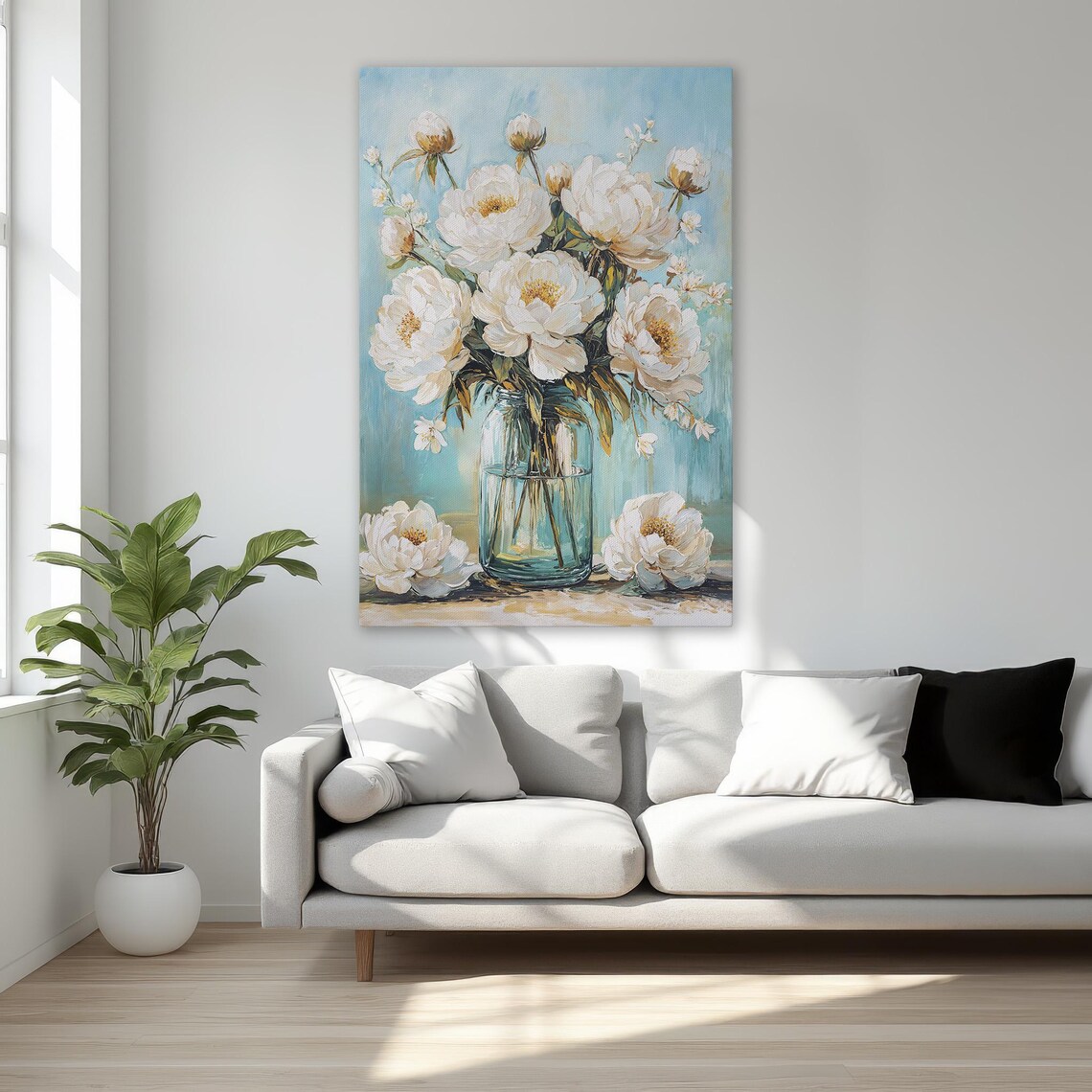 White Peonies Glass Vase Blue Background Elegant Floral Poster
