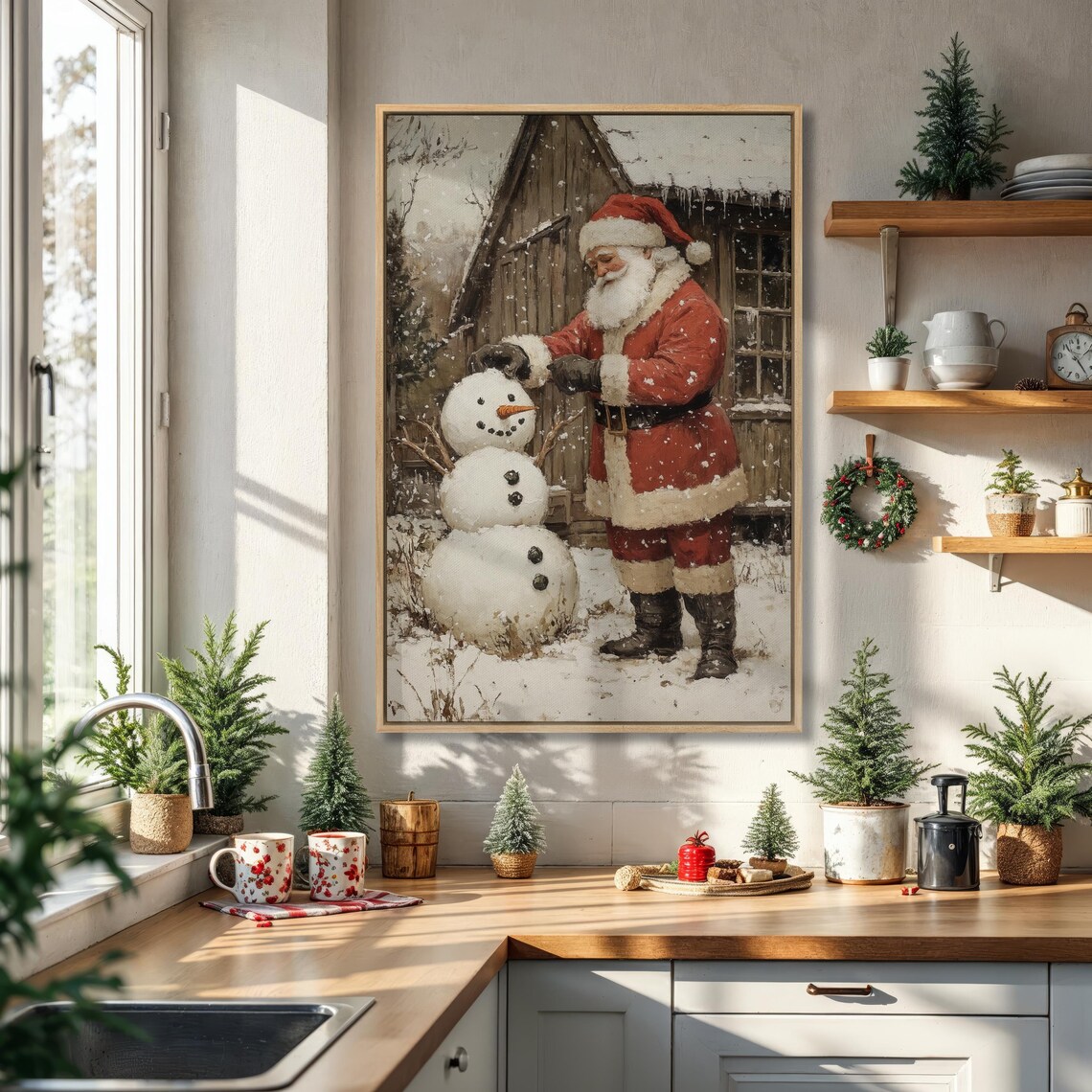 Santa Claus Building Snowman Vintage Christmas Winter Scene Poster