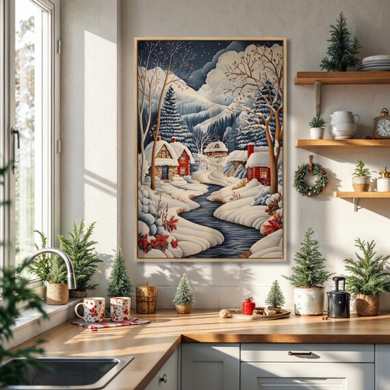 Moonlit Snowy Village With Frozen Stream Folk Winter Night Poster