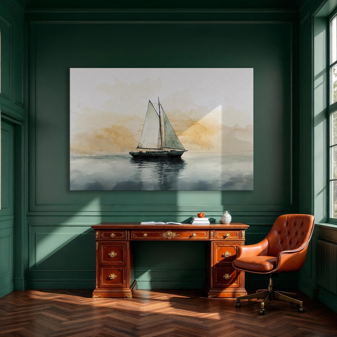 Tranquil Ocean Scene With Sailboat, Seascape Art
