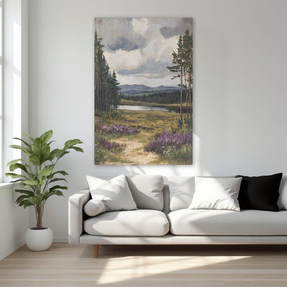 Serene Countryside With Lake Framed Canvas Print Peaceful Nature Landscape Wall Art Vintage Decor Gift For Mom Ready To Hang
