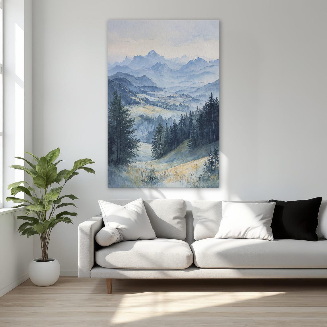 Misty Blue Mountain Forest Landscape Watercolor Style Poster