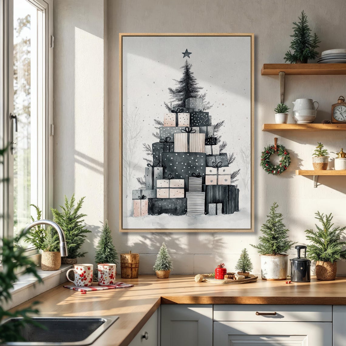 Black and White Christmas Gift Stack Under a Pine Tree Poster