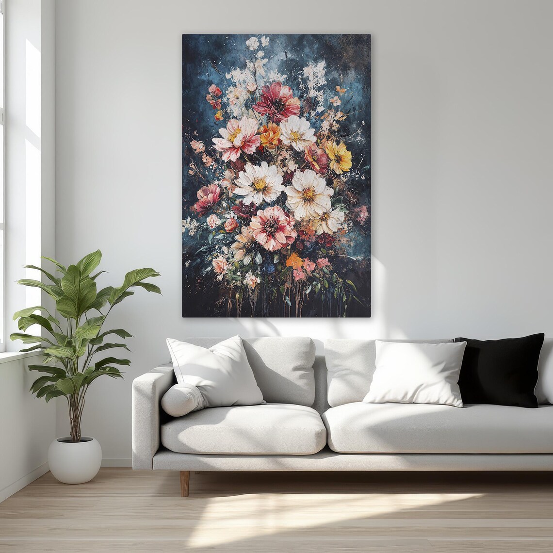 Vibrant Flower Bouquet Blooming against a Dark Moody Night Poster