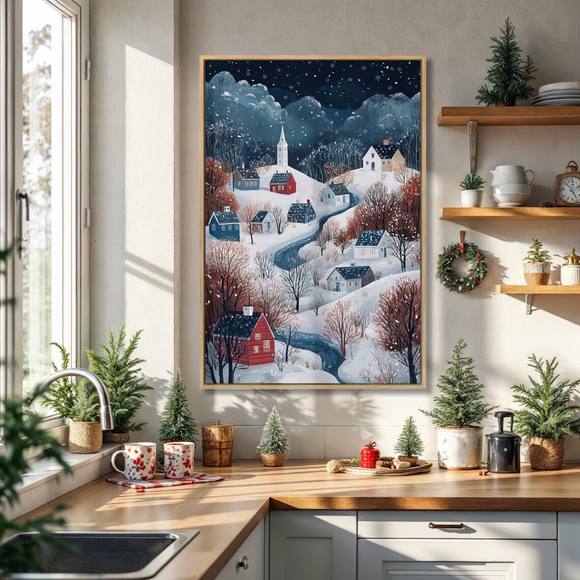 Snowy Winter Village Night Scene Watercolor Red Houses Christmas Holiday Poster