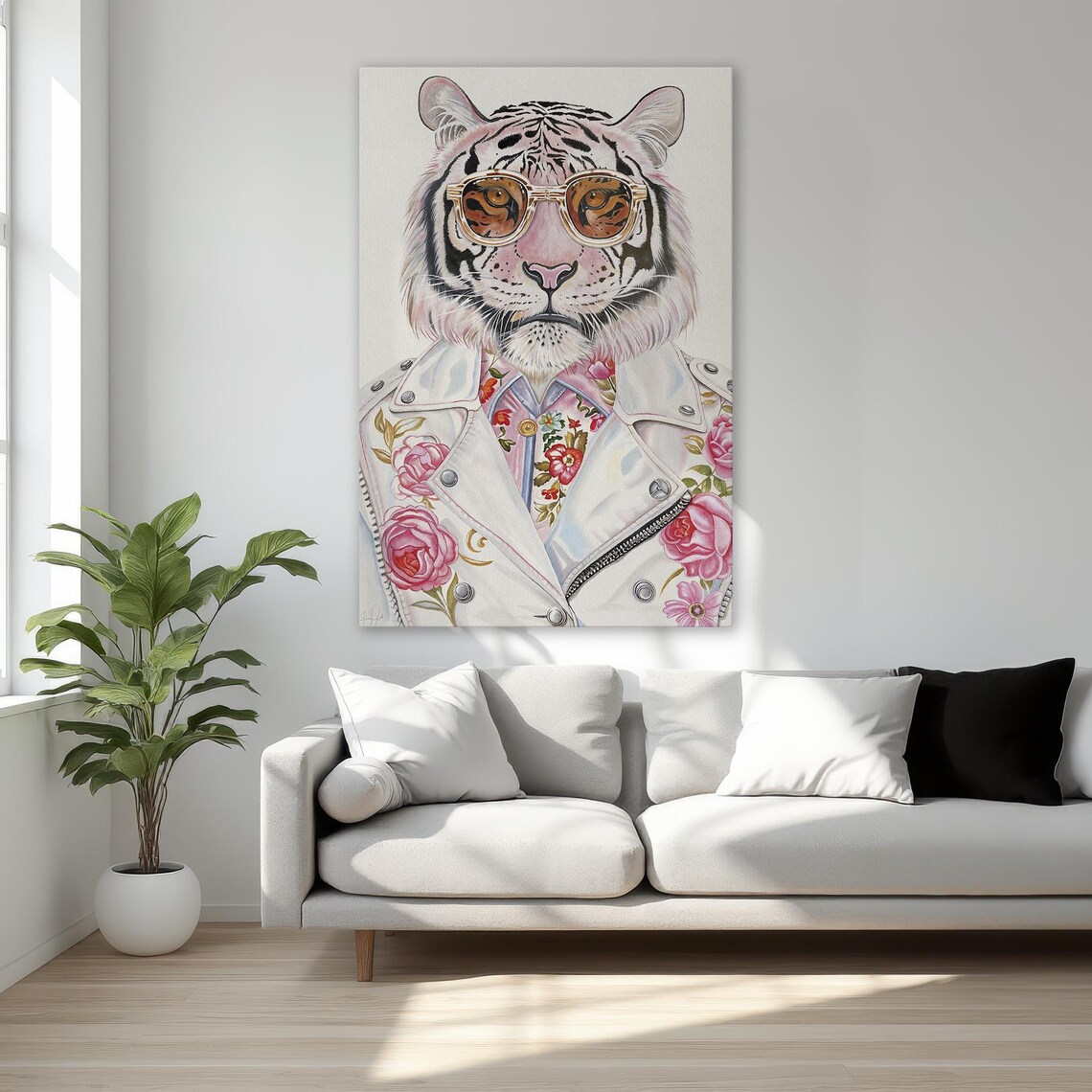 White Tiger In Sunglasses Floral Leather Jacket Animal Art Poster