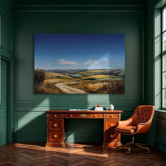 Pathway Through The Peaceful Countryside Framed Canvas Print Horizon Of Blue Sky And Golden Fields Wall Art Decor Ready To Hang