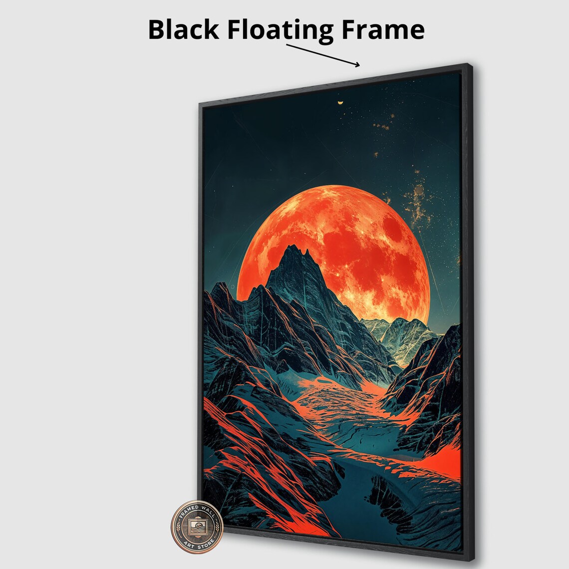 Red Moon Over Mountains Framed Wall Art Moonlight Mountain Landscape Art Print Surreal Wall Decor Dark Night Sky Poster Ready To Hang - Image 3