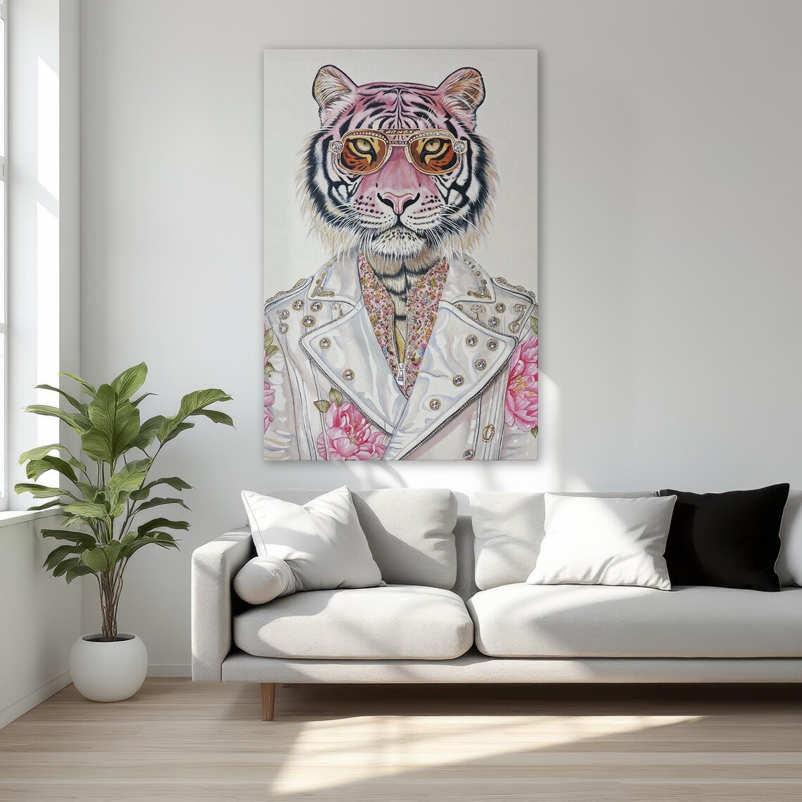Pink Tiger With Sunglasses In White Studded Jacket Fashion Wall Art