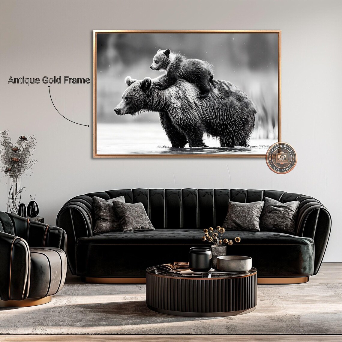 Grizzly Bear and Cub Black and White Art Print - Image 4
