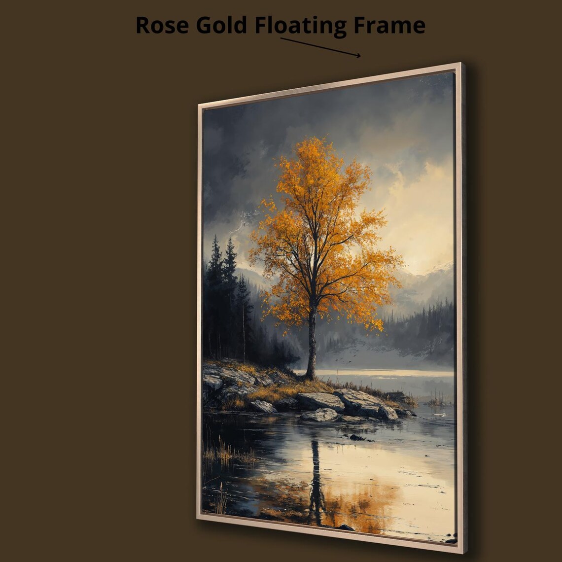 Golden Autumn Tree By Lake Rocky Shore Moody Nature Art Poster - Image 4