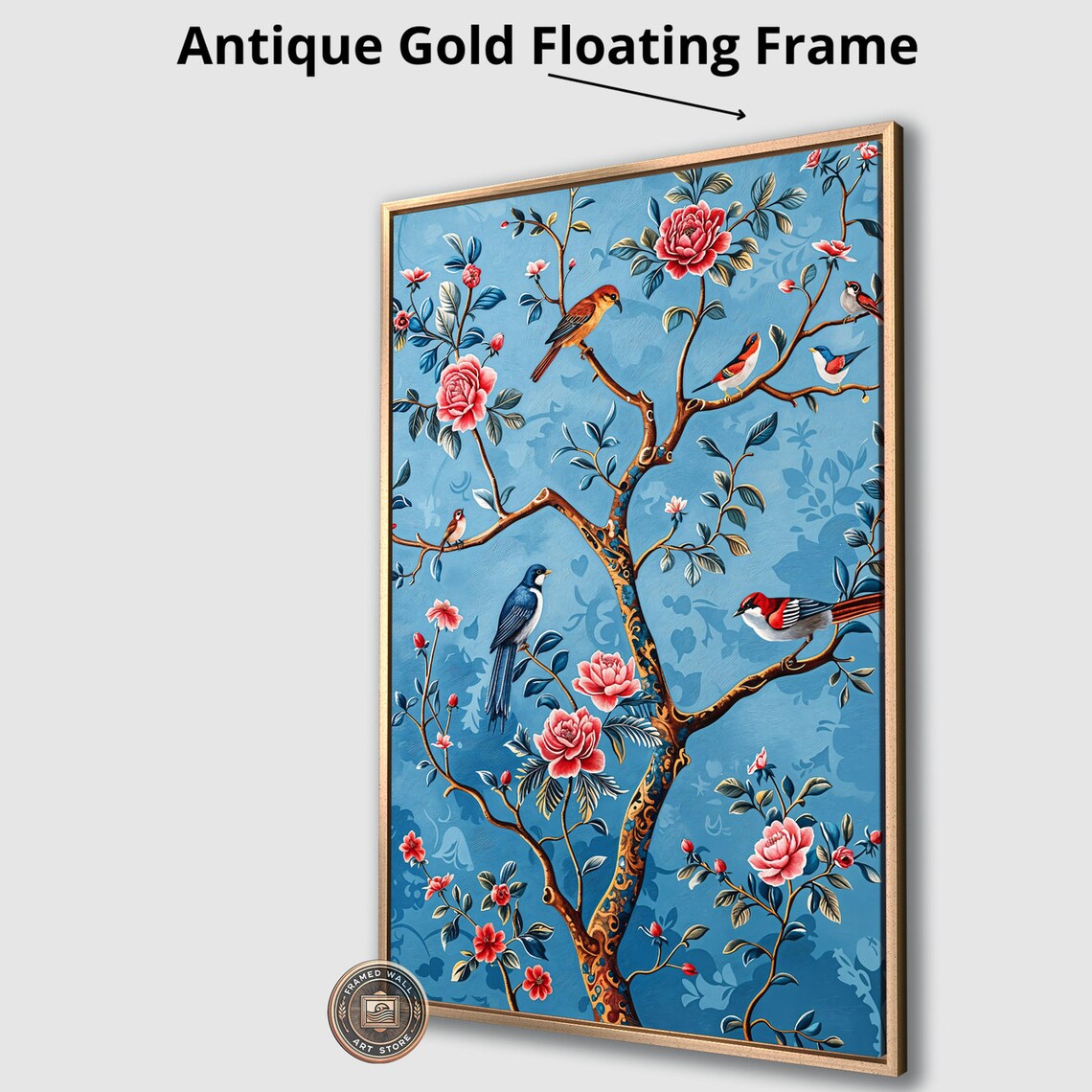 Chinoiserie Rose Tree Colorful Birds Sky Blue Oriental Art Poster - Image 4